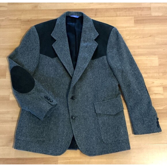 Pendleton Mens Blazer 44 Gray Tweed Wool‎ – Black Suede Elbow Patches & Shoulder - Picture 1 of 14